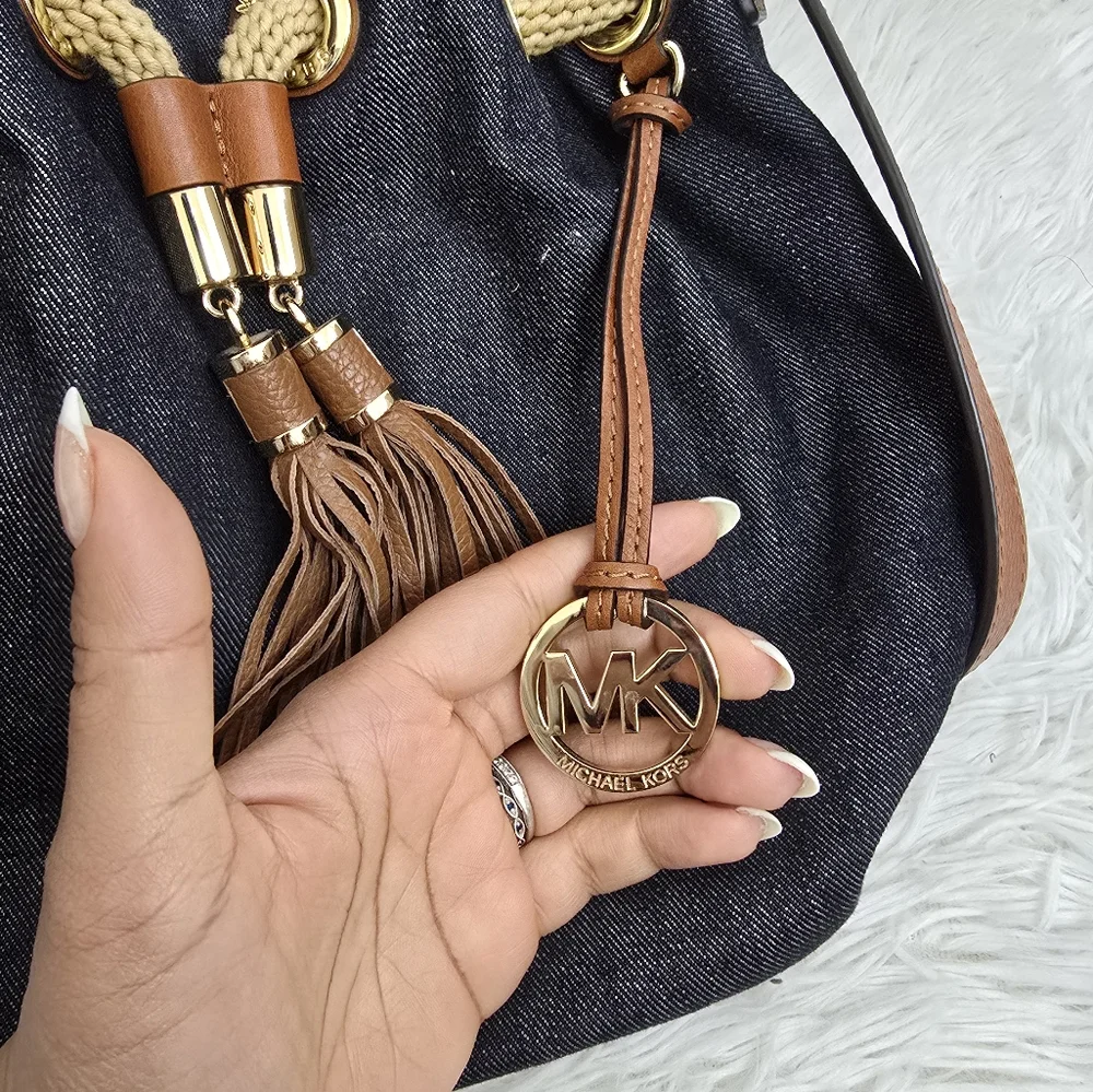 Michael Kors Blue Denim Designer Hobi Handbag With Brown Leather Tassels